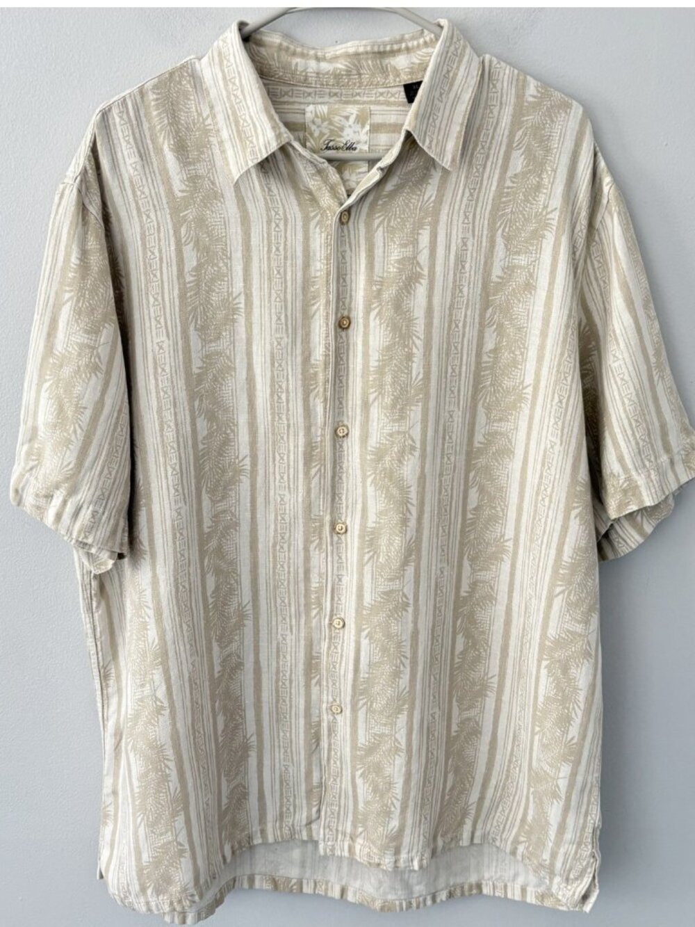 Tasso Elba Island Men’s XL Silk Linen Hawaiian Shirt Beige White Floral Beach